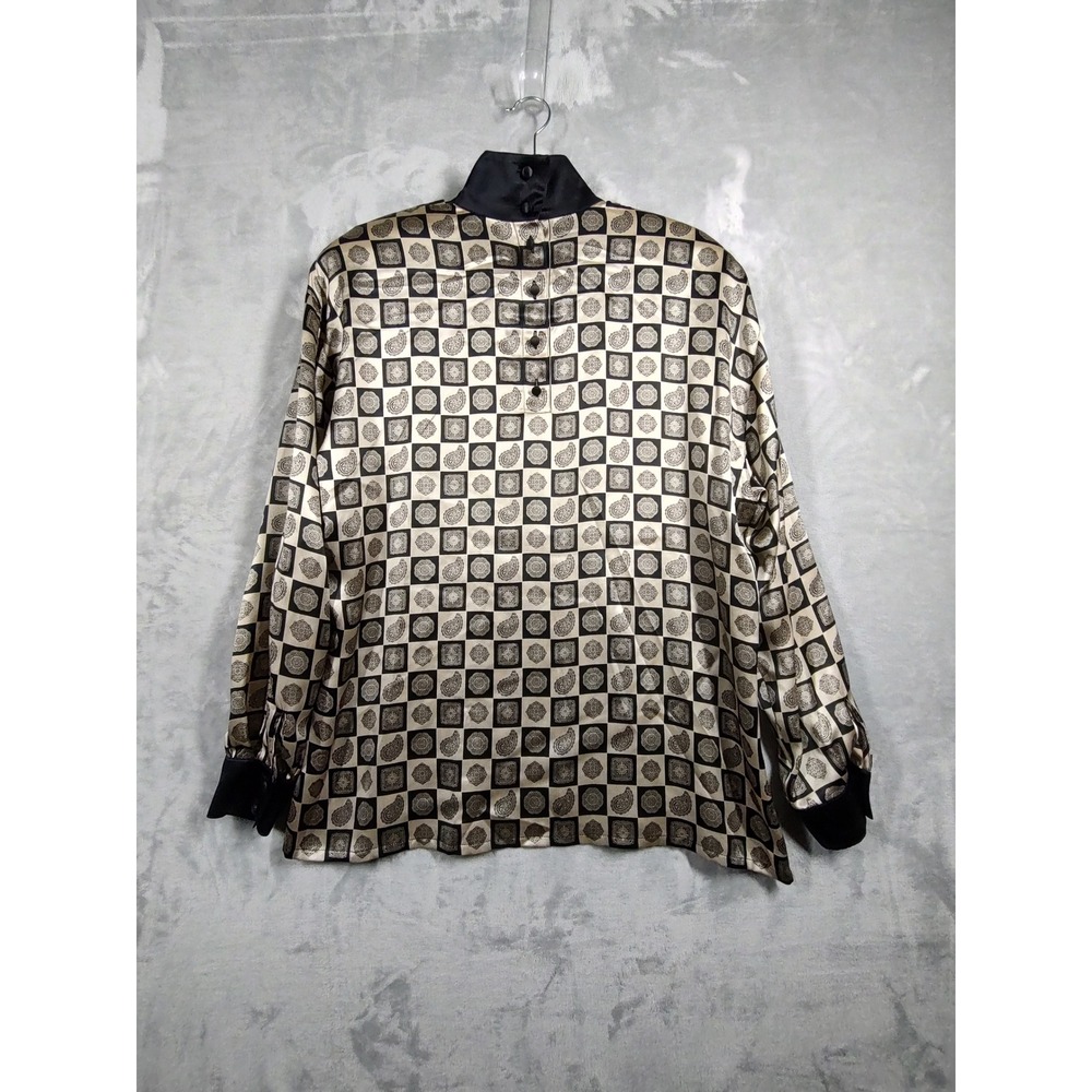 Escada Margaretha Ley Vintage 100% Silk Paisley Checkerboard Blouse EU 42 Black